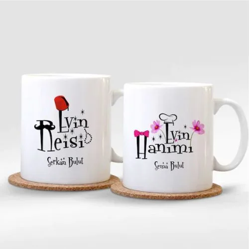 Kişiye Özel İkili İsimli Evin Reisi & Evin Hanımı Beyaz Kupa Bardak