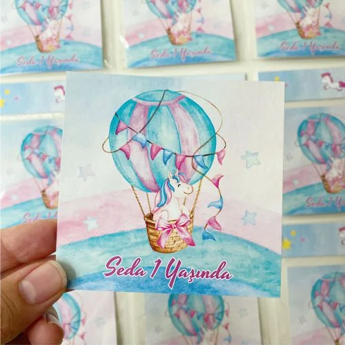 Balon Unicorn Tasarım Kartı ve Poşet - 10 Adet