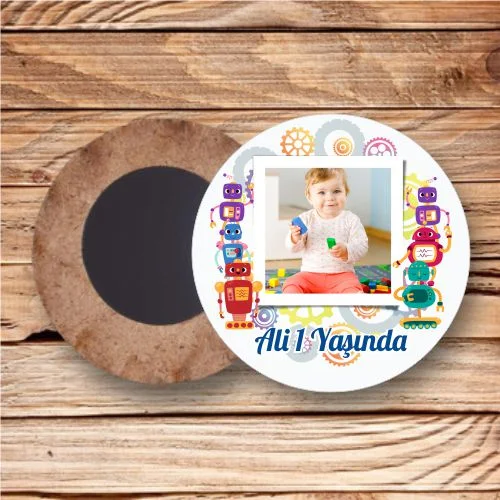 Akıllı Robotlar Temalı Ahşap Daire Magnet