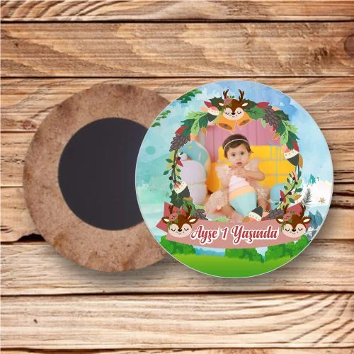 Geyik Temalı Ahşap Daire Magnet