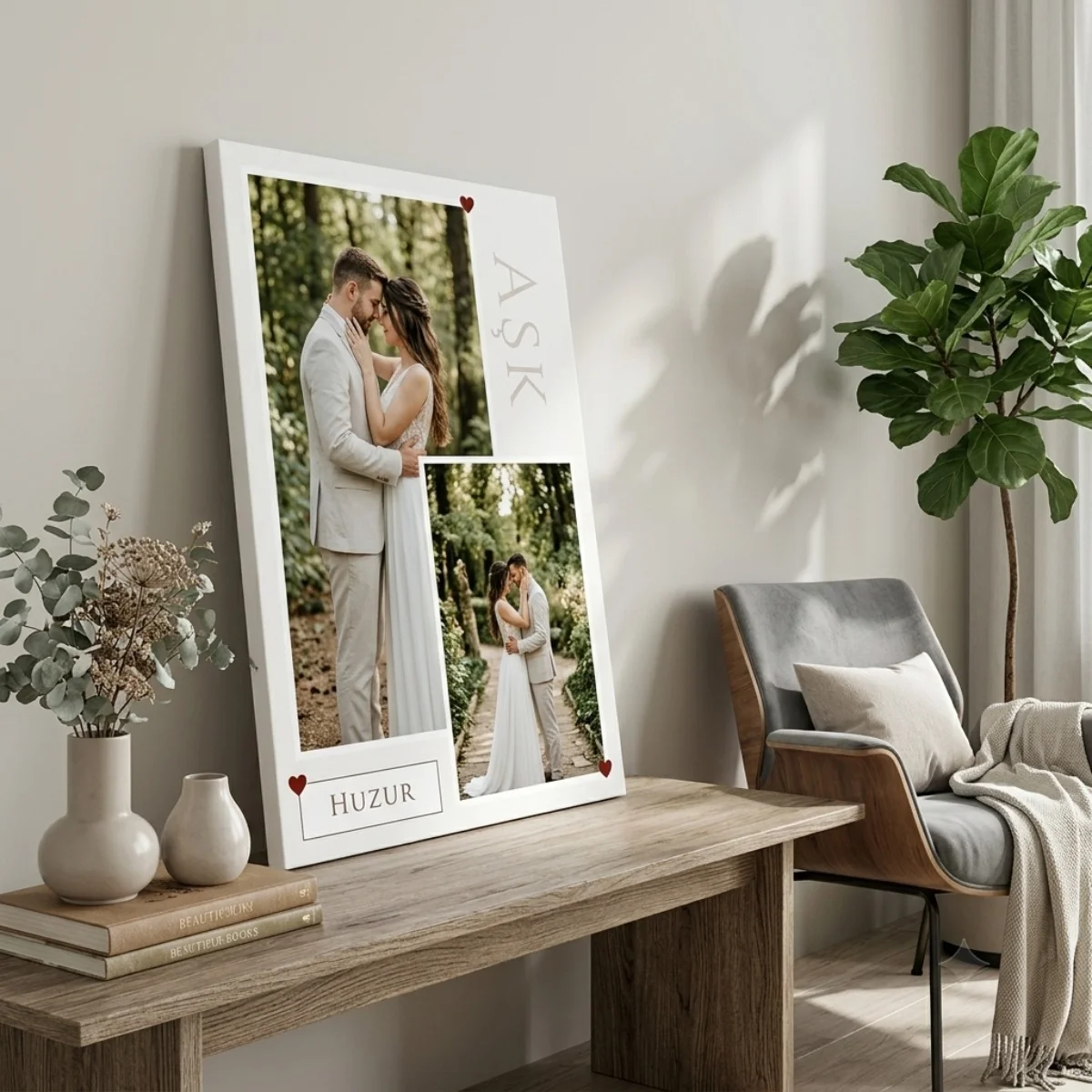 Kişiye Özel Fotoğraflı Kanvas Tablo 35x50 cm – Aşk ve Huzur Temalı Çift Kolajı