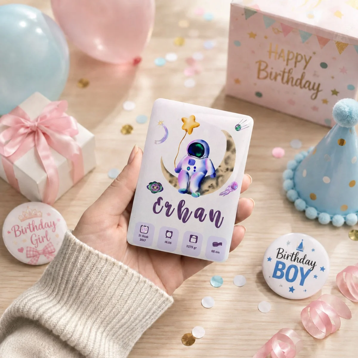 Kişiye Özel Uzay Temalı Bebek Magneti 6x9 cm | 4 mm Kalın Parlak Fotoğraflı Magnet