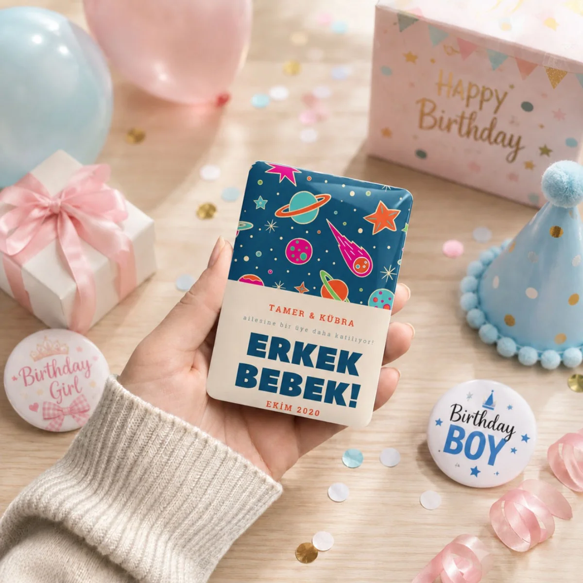 Kişiye Özel Erkek Bebek Magneti 6x9 cm | 4 mm Kalın Parlak Cinsiyet Magneti - 10 Adet