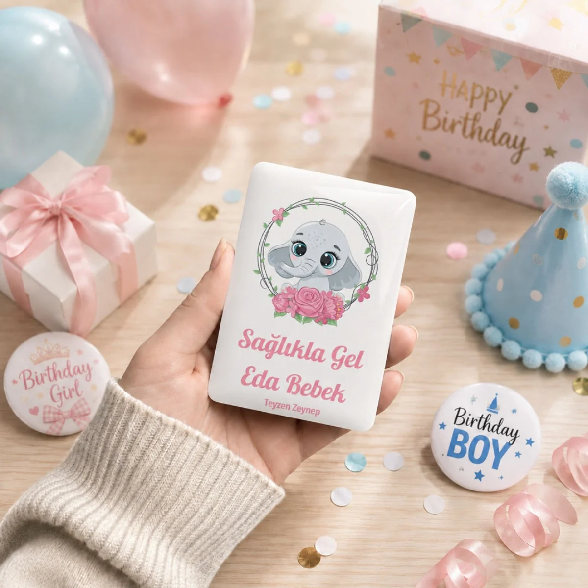 Kişiye Özel Sağlıkla Gel Bebek Magneti 6x9 cm | 4 mm Kalın Parlak Bebek Hediyeliği - 10 Adet