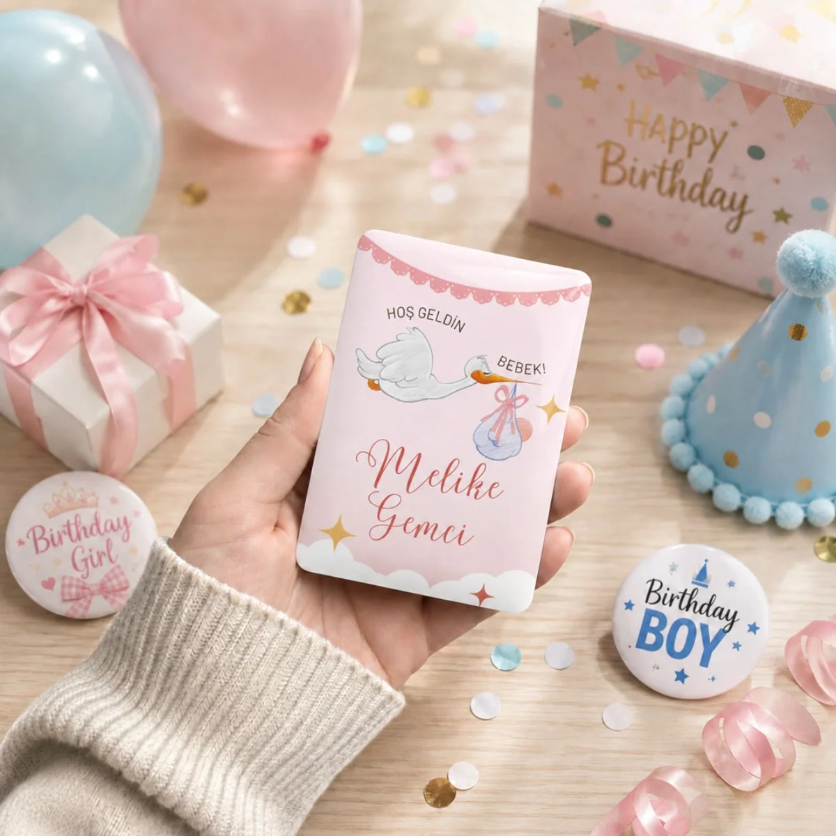 Kişiye Özel Hoş Geldin Bebek Magneti 6x9 cm | 4 mm Kalın Parlak Leylek Tasarımlı Magnet - 10 Adet