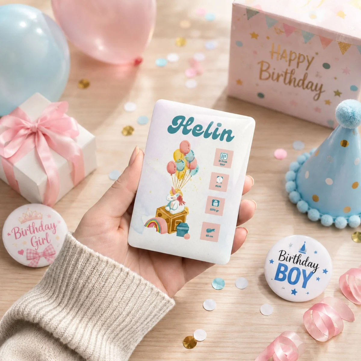Kişiye Özel Unicorn Temalı Bebek Magneti 6x9 cm | 4 mm Kalın Parlak Doğum Bilgili Magnet - 10 Adet