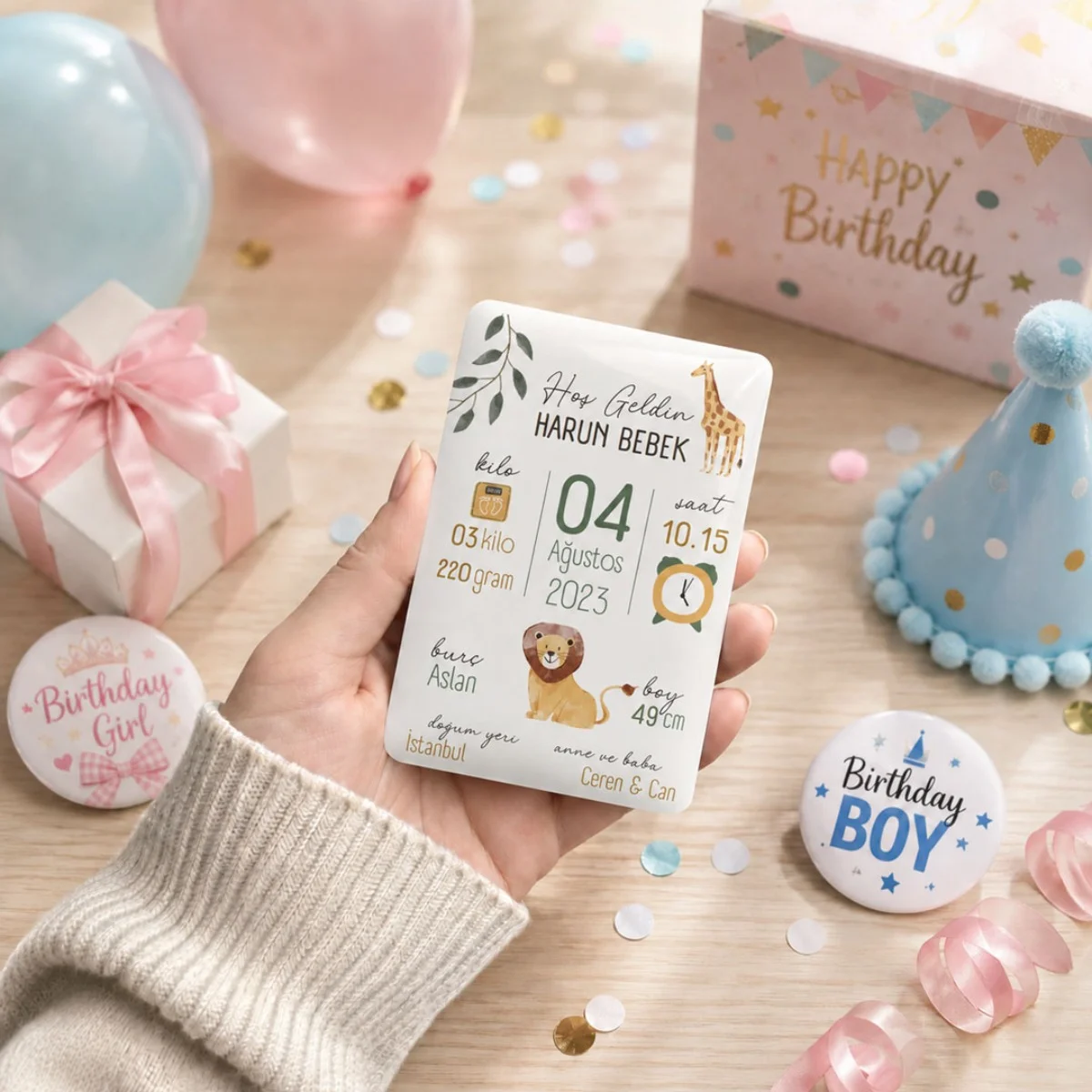 Kişiye Özel Hoş Geldin Bebek Magneti 6x9 cm | 4 mm Kalın Parlak Doğum Bilgili Magnet - 10 Adet
