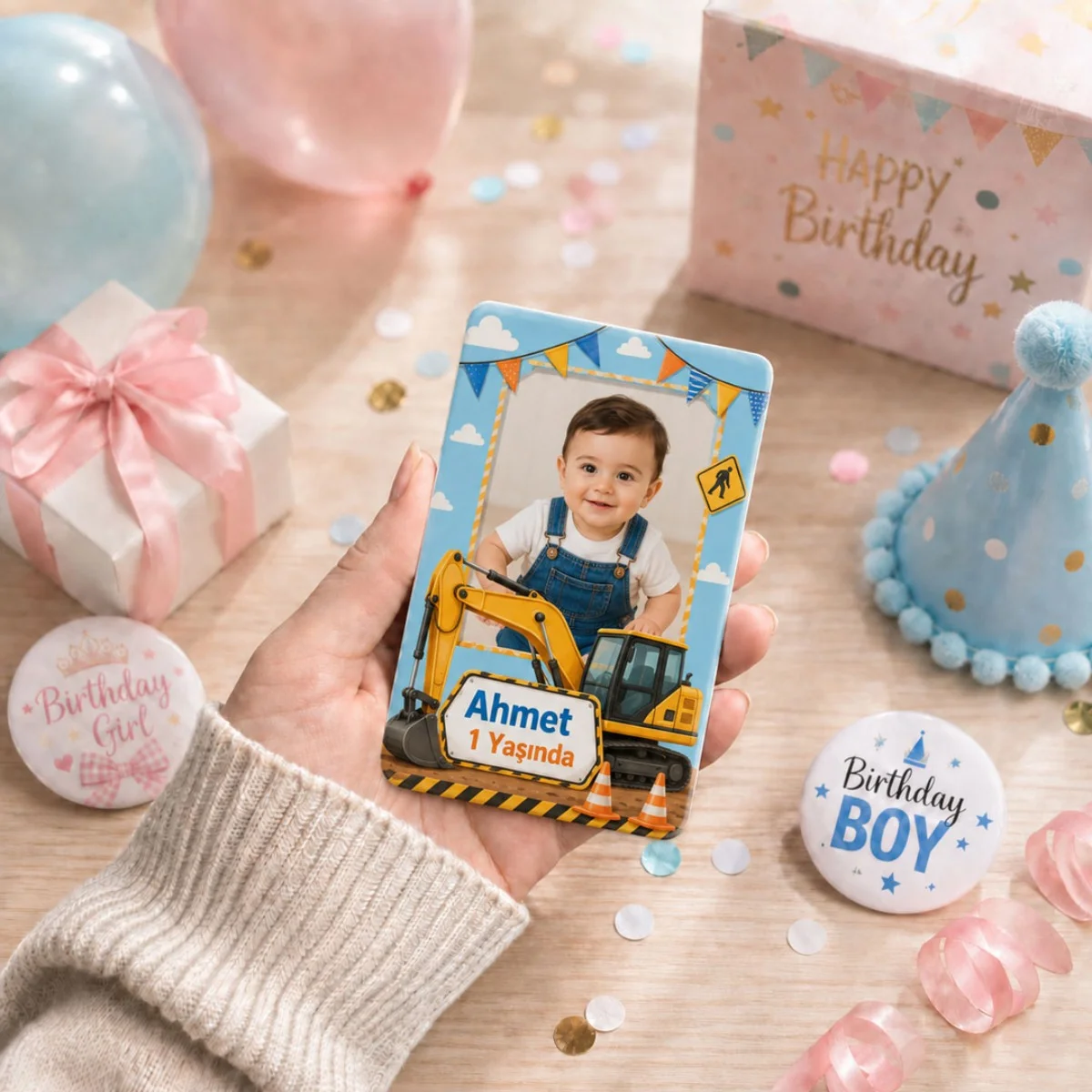 Kişiye Özel İş Makinesi Temalı Doğum Günü Magneti 6x9 cm - 10 Adet