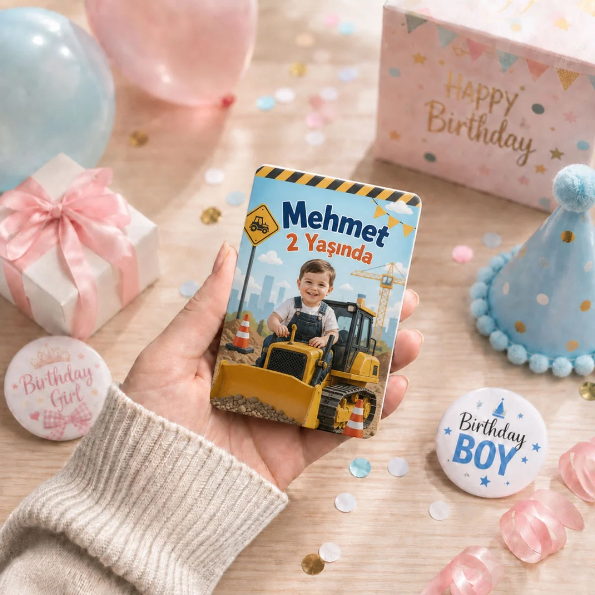 Kişiye Özel İş Makinesi Temalı Kalın Doğum Günü Magneti 6x9 cm - 10 Adet