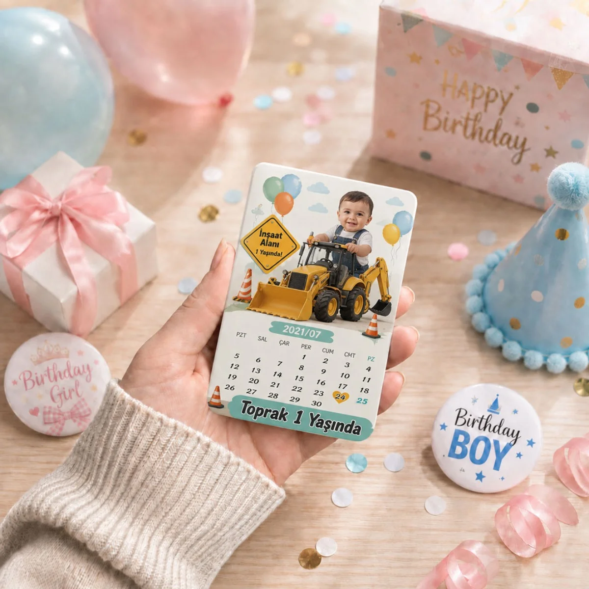 Kişiye Özel İş Makinesi Temalı Takvimli Doğum Günü Magneti 6x9 cm - 10 Adet