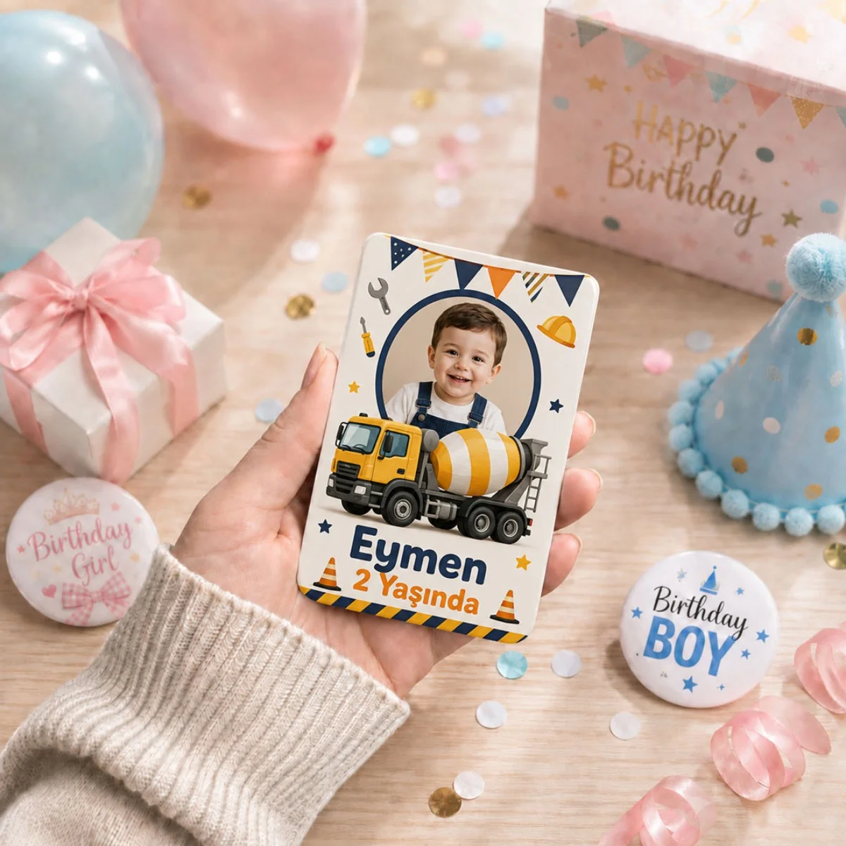 Kişiye Özel İş Makinesi Temalı Doğum Günü Magneti 6x9 cm | 4 mm Kalın Parlak Selefonlu Magnet - 10 Adet
