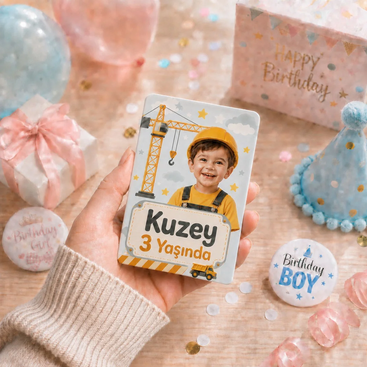 Kişiye Özel İş Makinesi Temalı 3 Yaş Doğum Günü Magneti 6x9 cm | 4 mm Kalın Parlak Selefonlu Magnet - 10 Adet