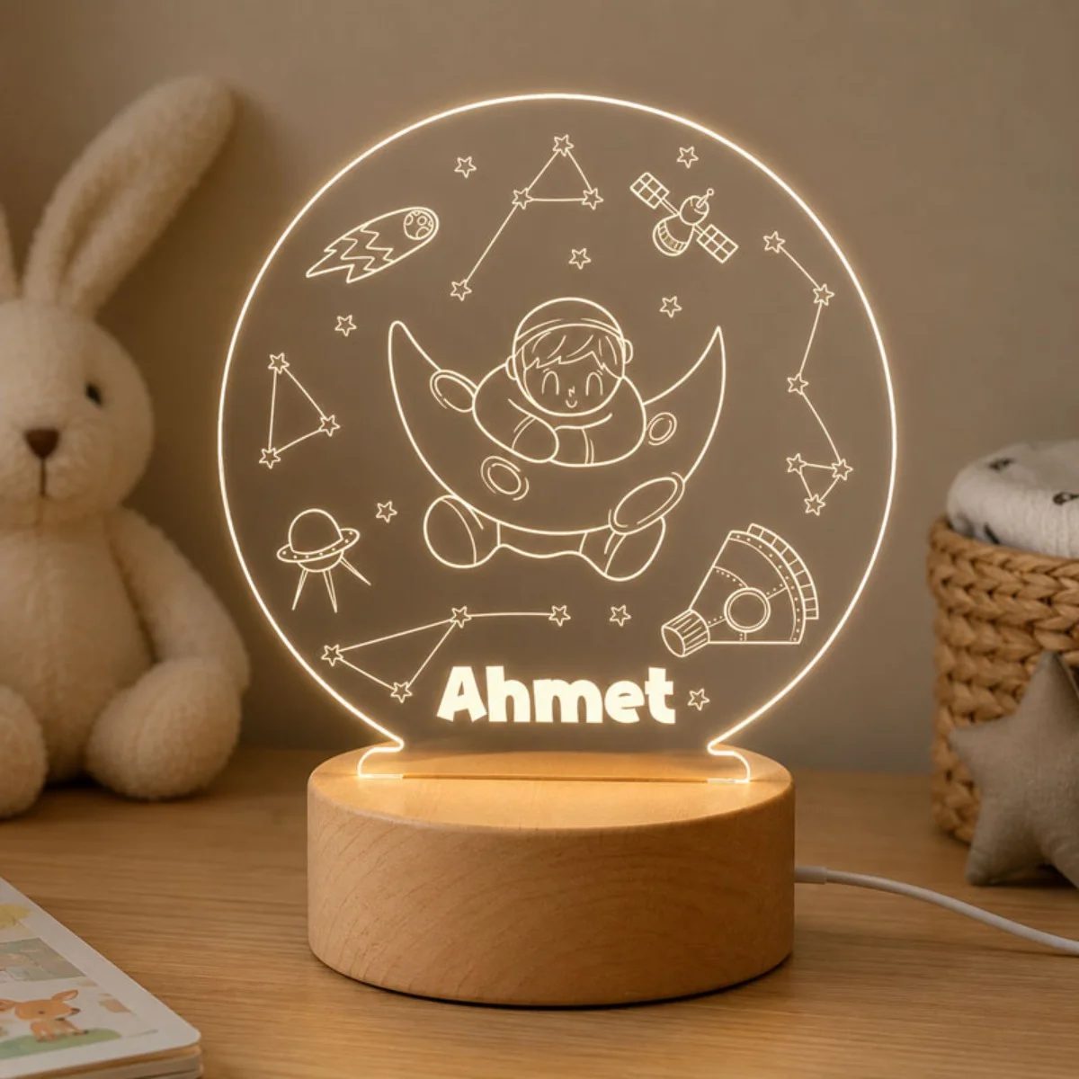Kişiye Özel İsme Özel Astronot Çocuk Gece Lambası - Ahşap Kaideli LED Lamba