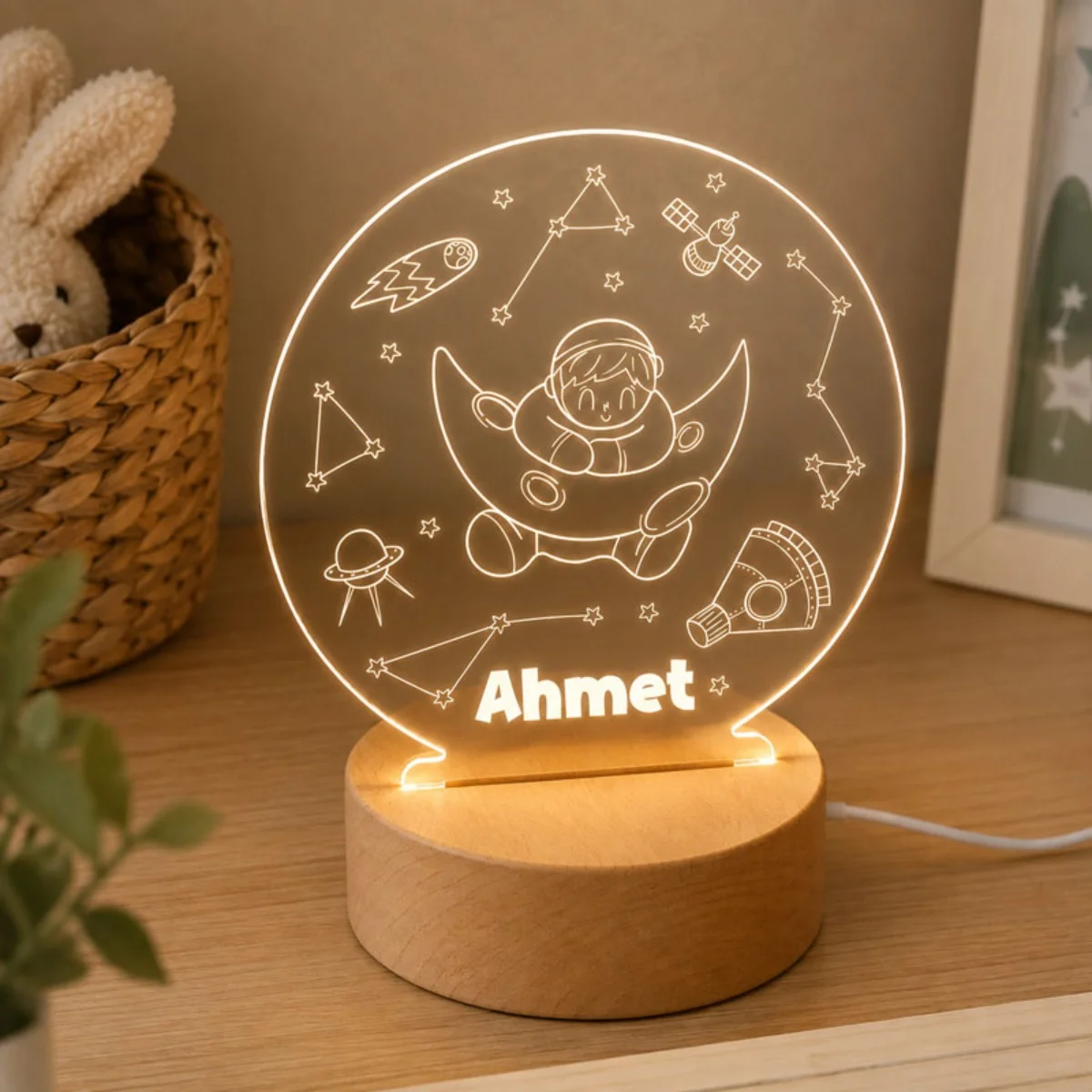Kişiye Özel İsme Özel Astronot Çocuk Gece Lambası - Ahşap Kaideli LED Lamba - Kişiye Özel | Bicazip - 3. görsel