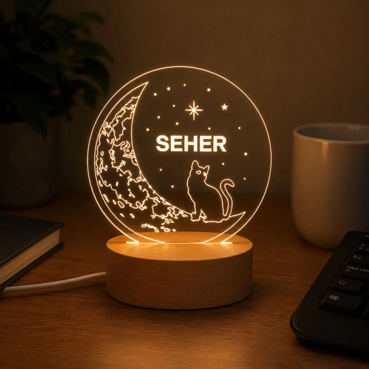 Kişiye Özel İsme Özel Kedi ve Ay Temalı Ahşap Kaideli LED Gece Lambası - Kişiye Özel | Bicazip - 2. görsel