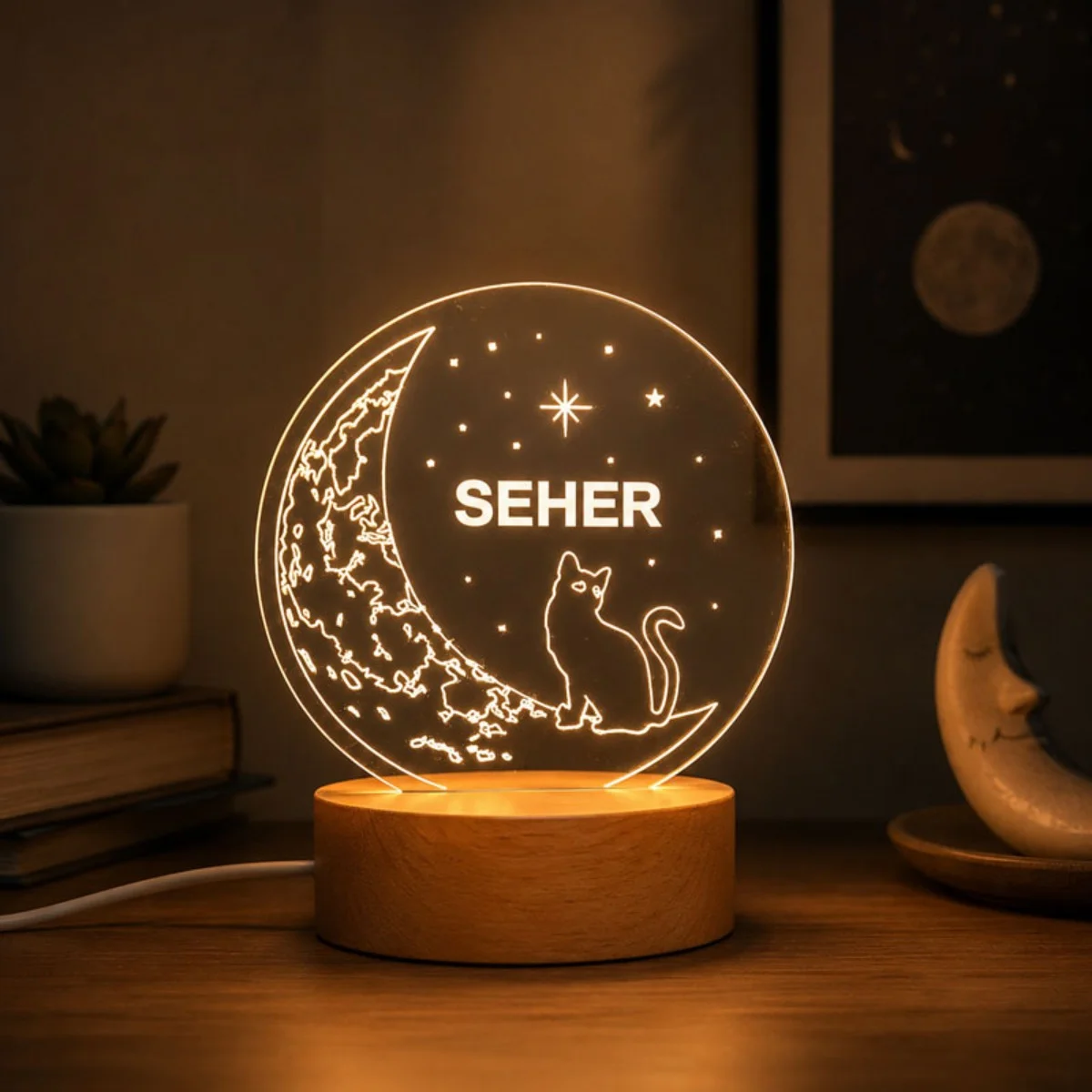 Kişiye Özel İsme Özel Kedi ve Ay Temalı Ahşap Kaideli LED Gece Lambası - Kişiye Özel | Bicazip - 3. görsel
