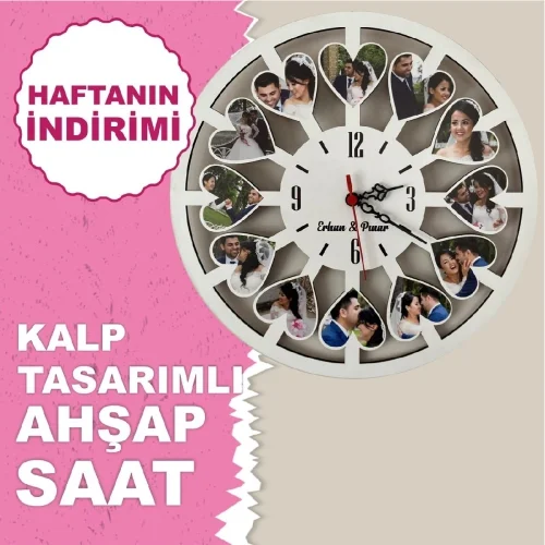 Kalp Tasarımlı Fotoğraf Baskılı Ahşap Saat