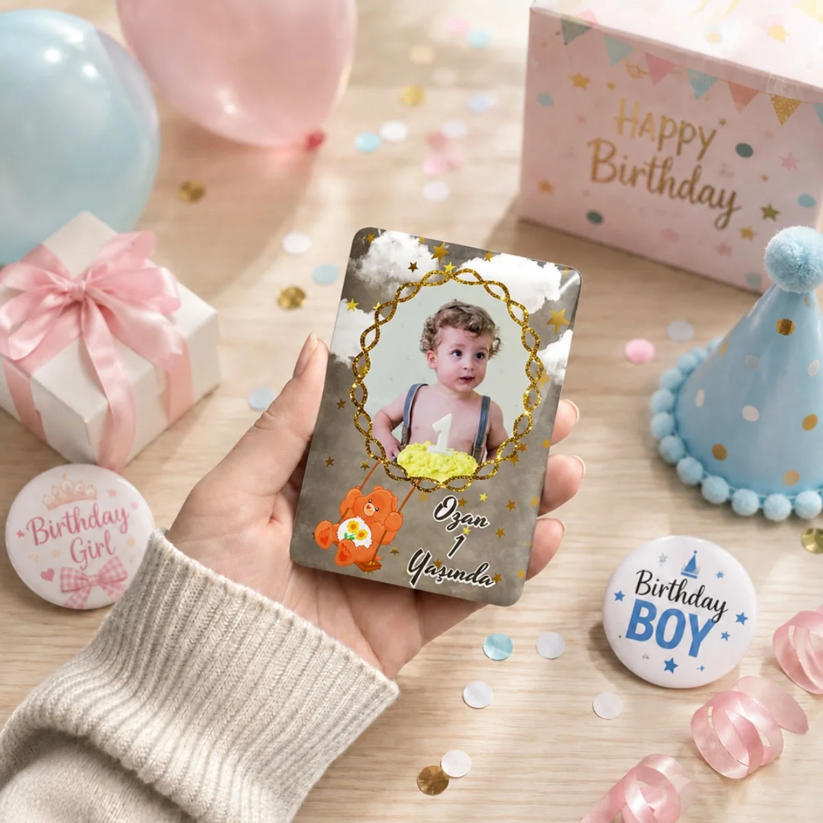 Kişiye Özel Erkek Bebek Doğum Günü Magneti 6x9 cm | 4 mm Kalın Parlak Fotoğraflı Magnet - 10 Adet