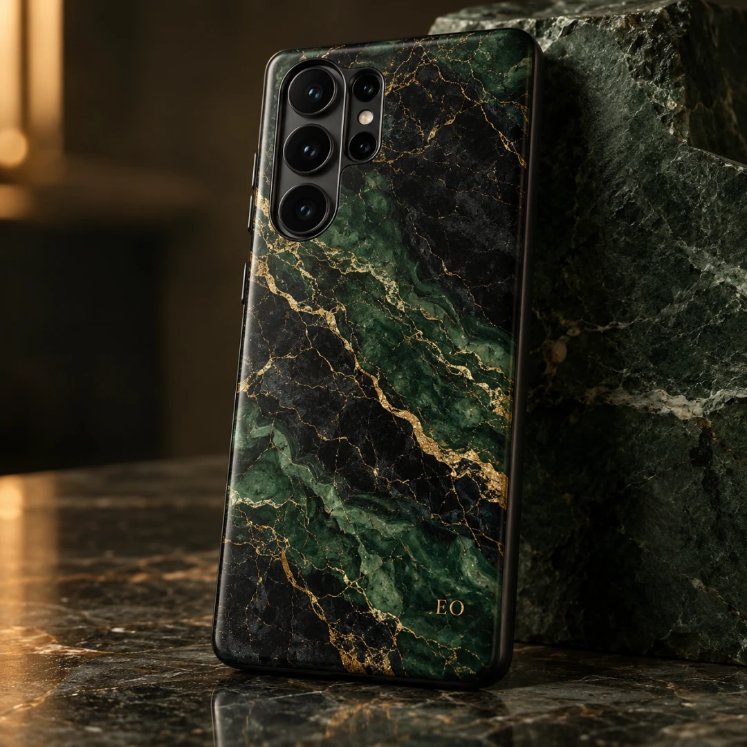 Altın Damarlı Siyah-Yeşil Mermer Telefon Kılıfı - Tüm Modeller