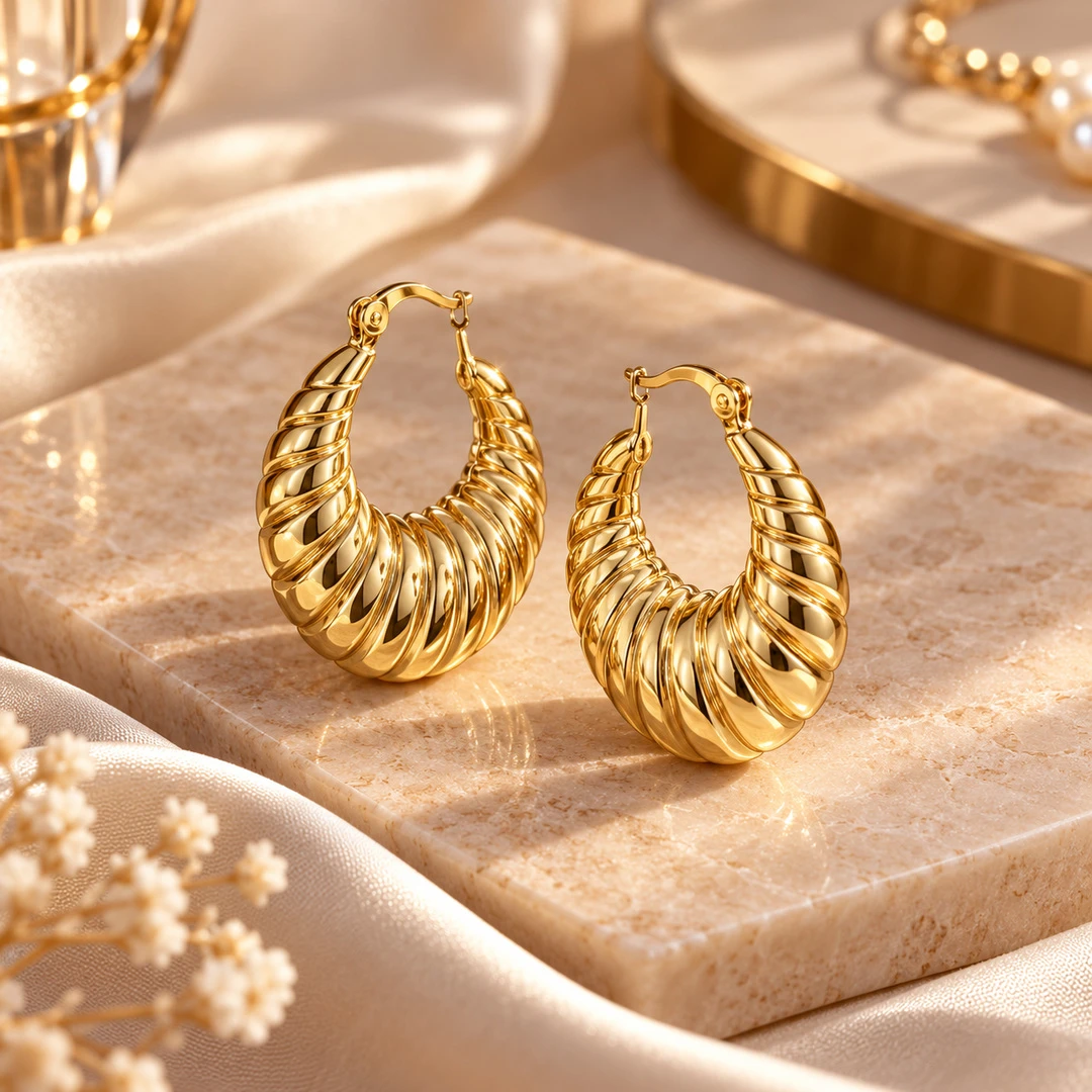 Altın Renk Kruvasan Kabartmalı Halka Çelik Küpe - Küpe | Bicazip - 2. görsel