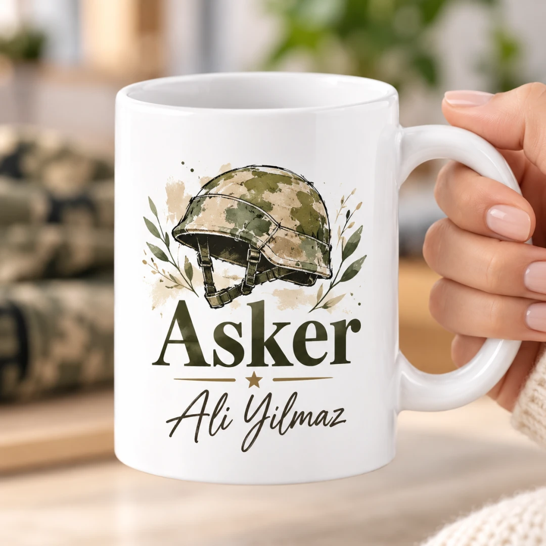 Askerlere Özel Kask ve Defne Yaprağı Motifli Kupa Bardak