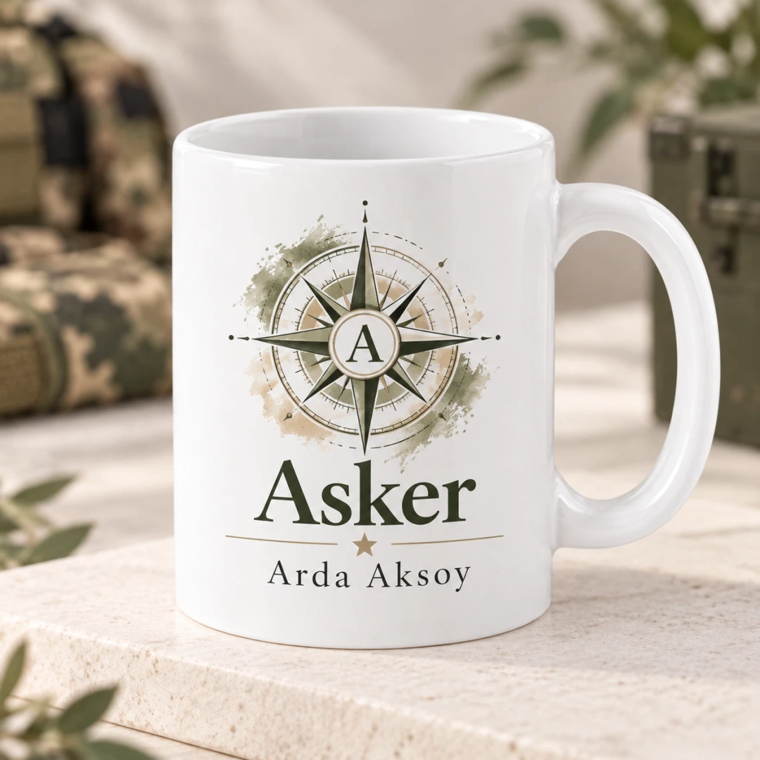 Askerlere Özel Pusula ve Dağ Manzaralı Asker Temalı Kupa Bardak