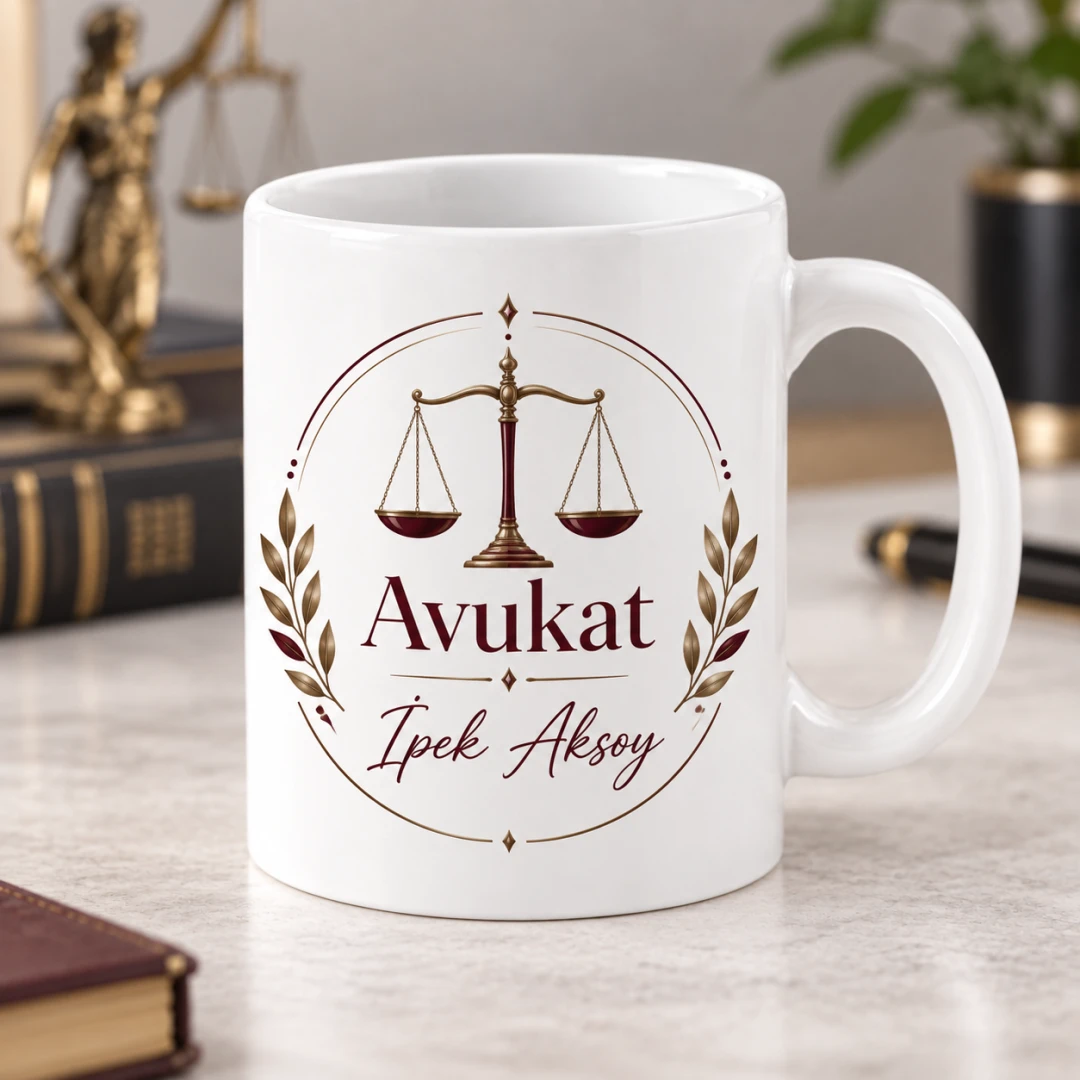 Avukatlara Özel Defne Yapraklı Altın Terazi Motifli Kupa Bardak