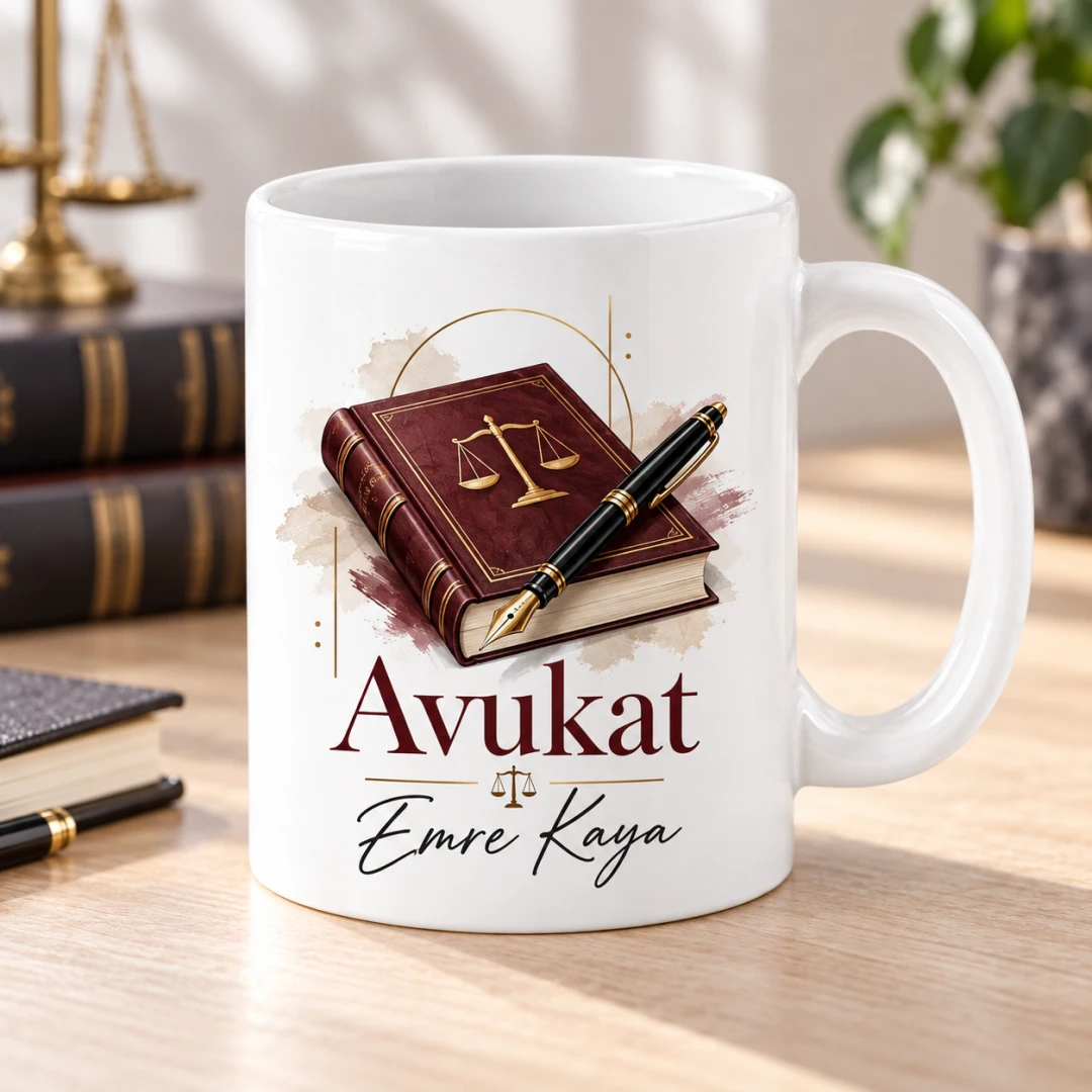 Avukatlara Özel Hukuk Kitabı ve Dolma Kalem Motifli Kupa Bardak