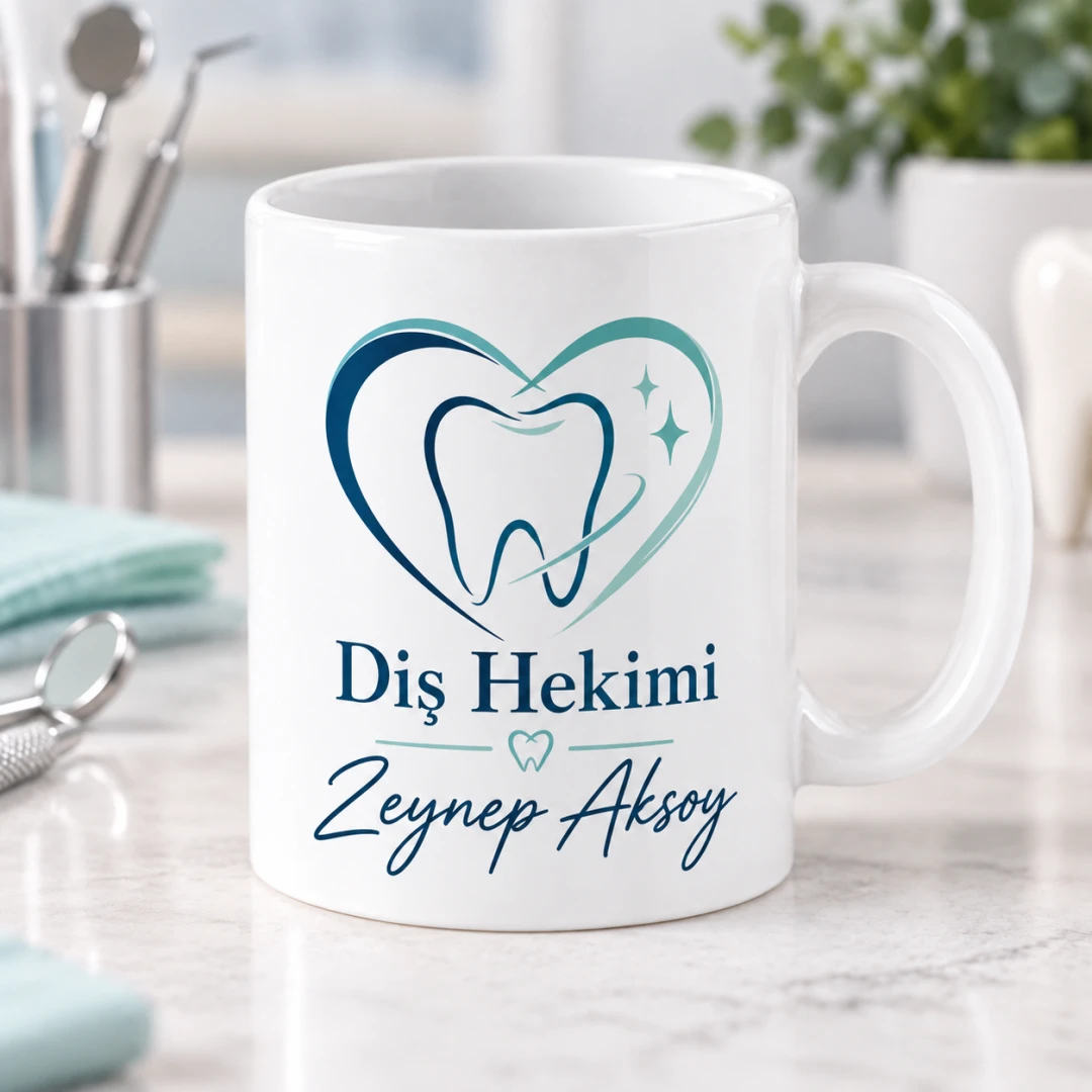 Diş Hekimlerine Özel Kalp İçinde Diş Motifli Kupa Bardak