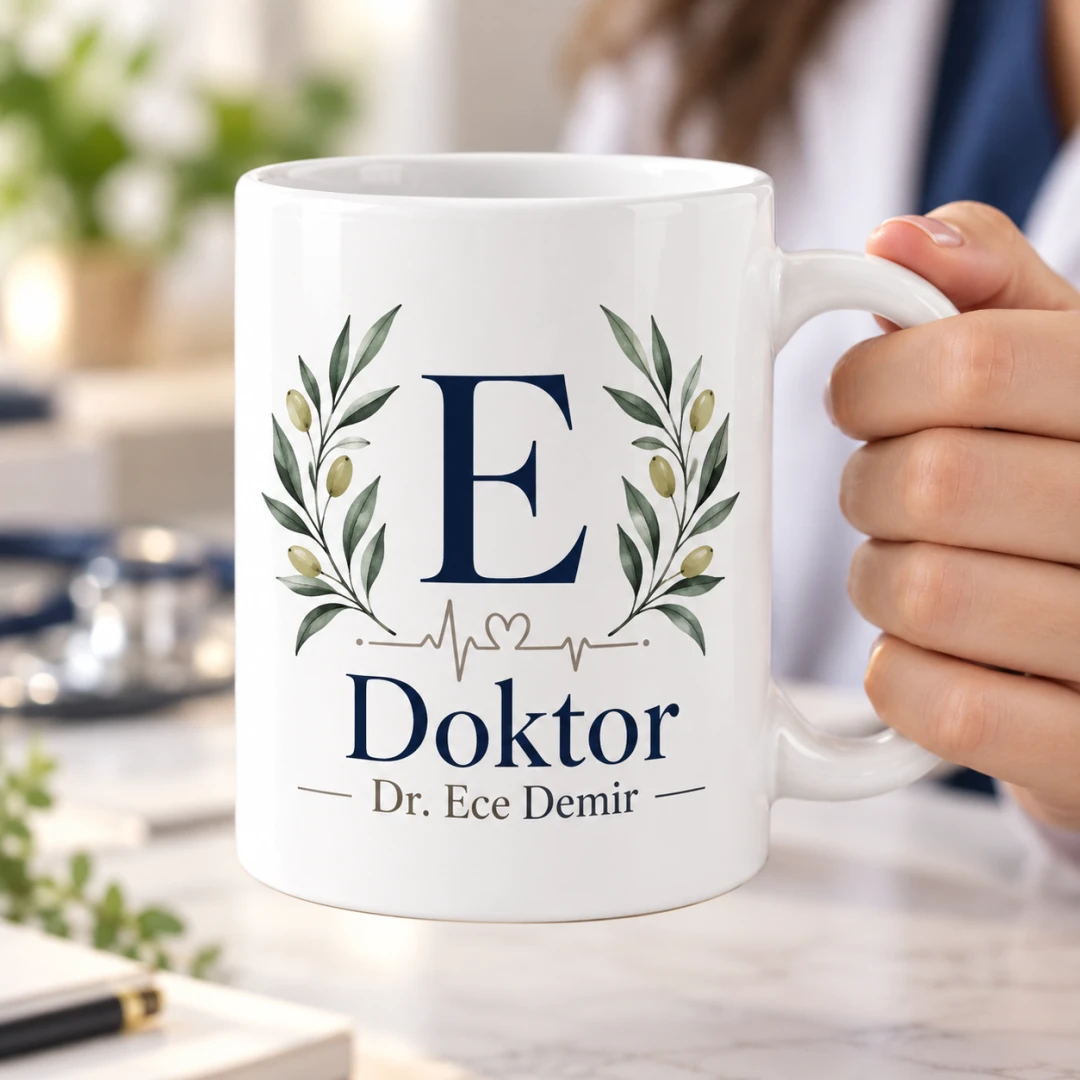 Doktorlara Özel Stetoskop ve Kalp Motifli Kupa Bardak