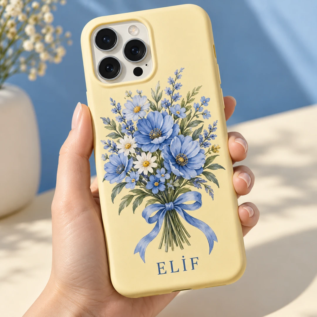 Mavi Çiçekli Sarı Telefon Kılıfı - Tüm Modeller