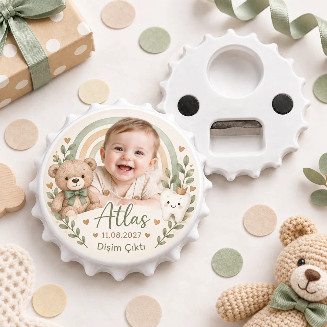 Fotoğraflı Erkek Bebek Diş Çıktı Yuvarlak Açacak Magnet - Boho Ayıcık