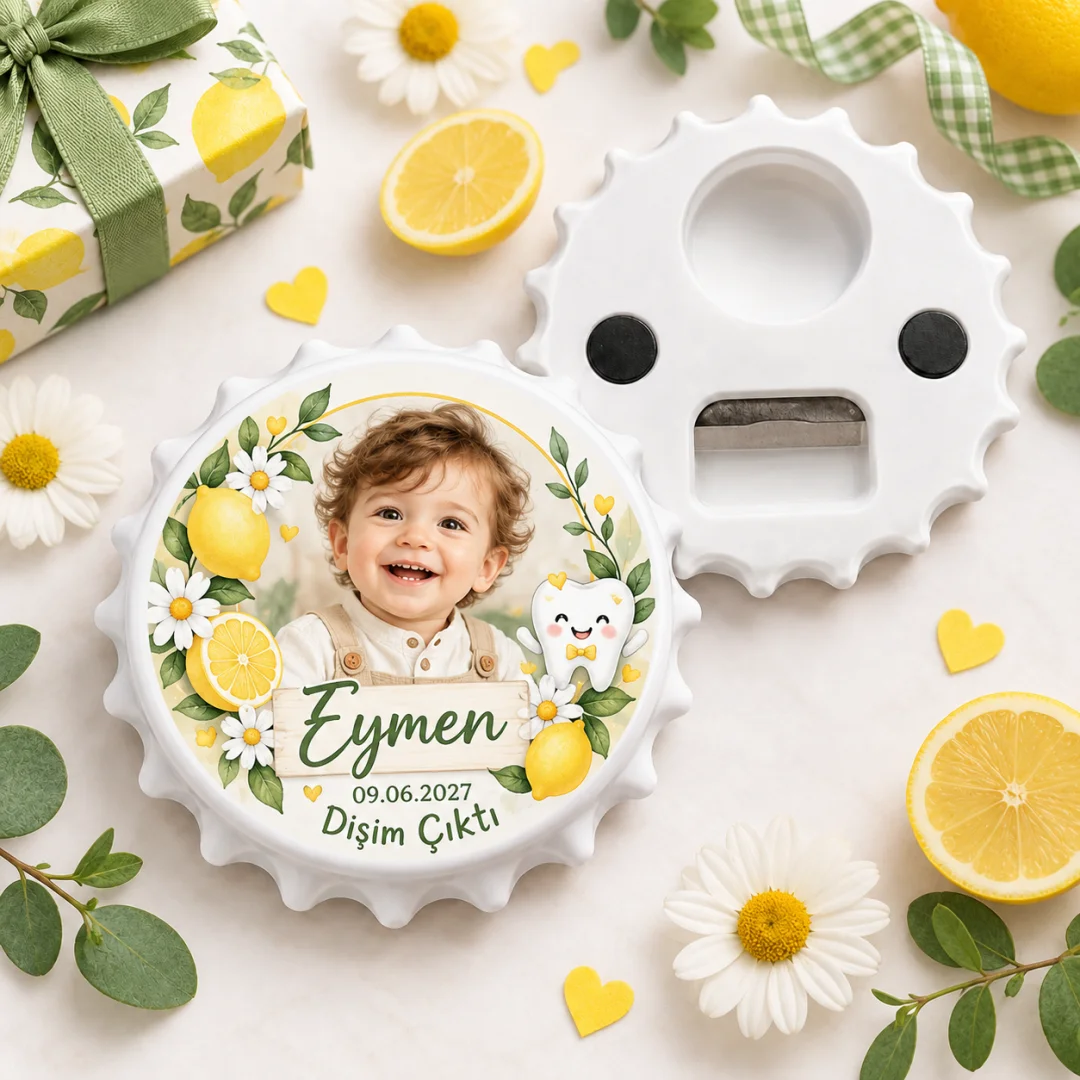 Fotoğraflı Erkek Bebek Diş Çıktı Yuvarlak Açacak Magnet - Limonlu