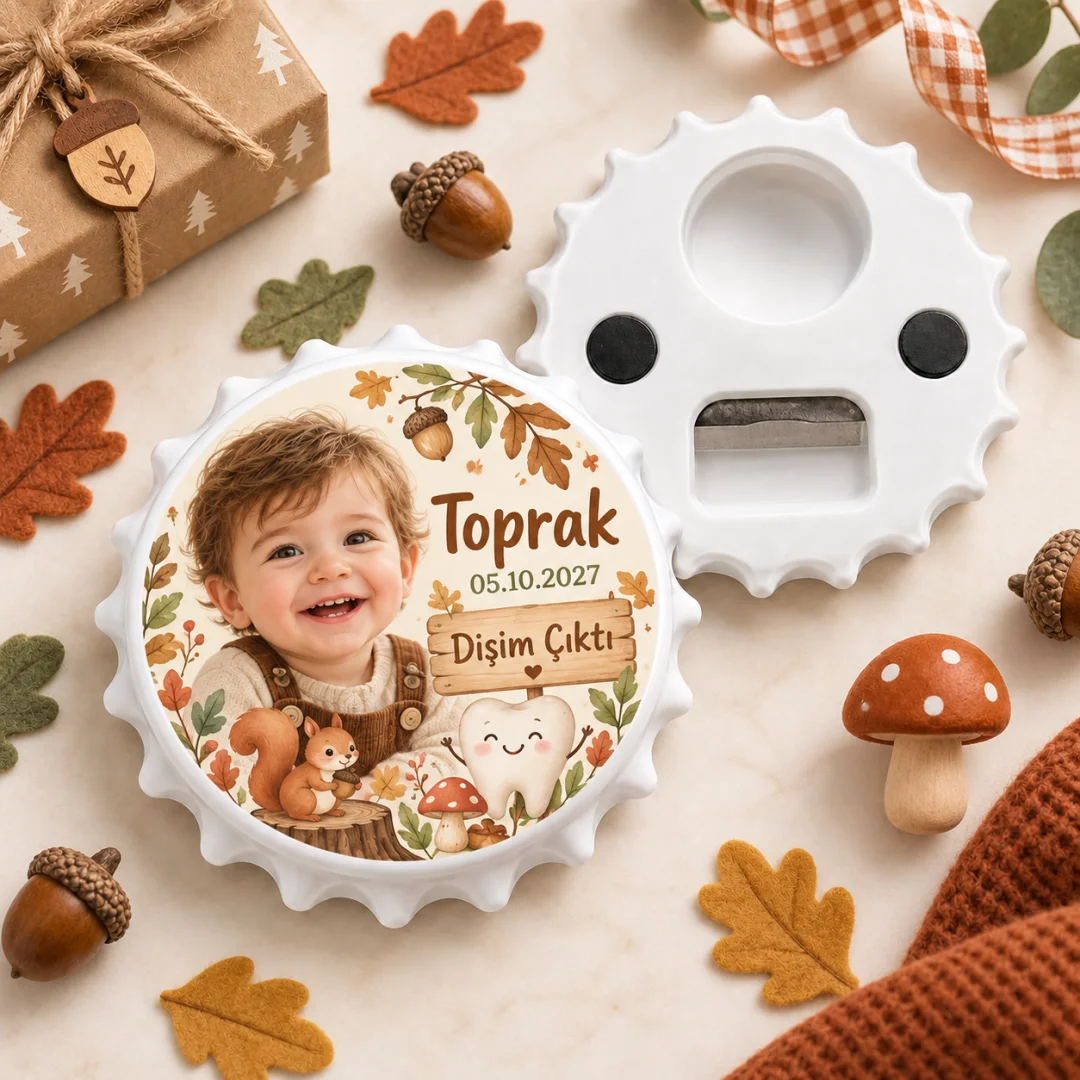 Fotoğraflı Erkek Bebek Diş Çıktı Yuvarlak Açacak Magnet - Sonbahar Sincap