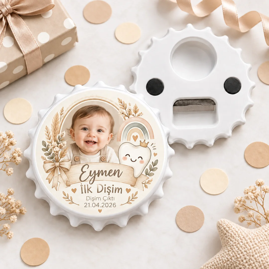 Fotoğraflı Erkek Bebek İlk Diş Yuvarlak Açacak Magnet - Boho Beyaz