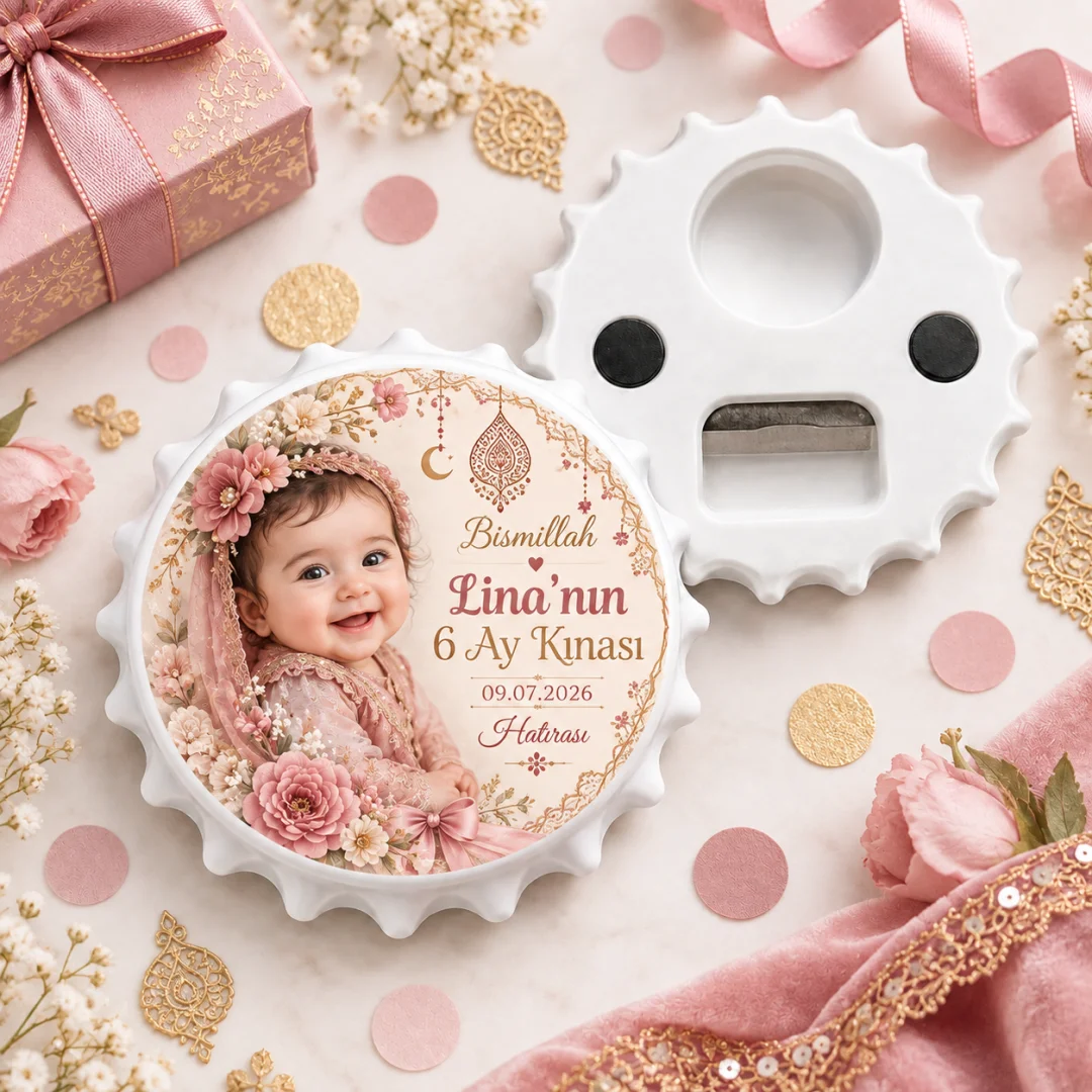 Fotoğraflı Kız Bebek 6 Ay Kına Yuvarlak Açacak Magnet - Rose