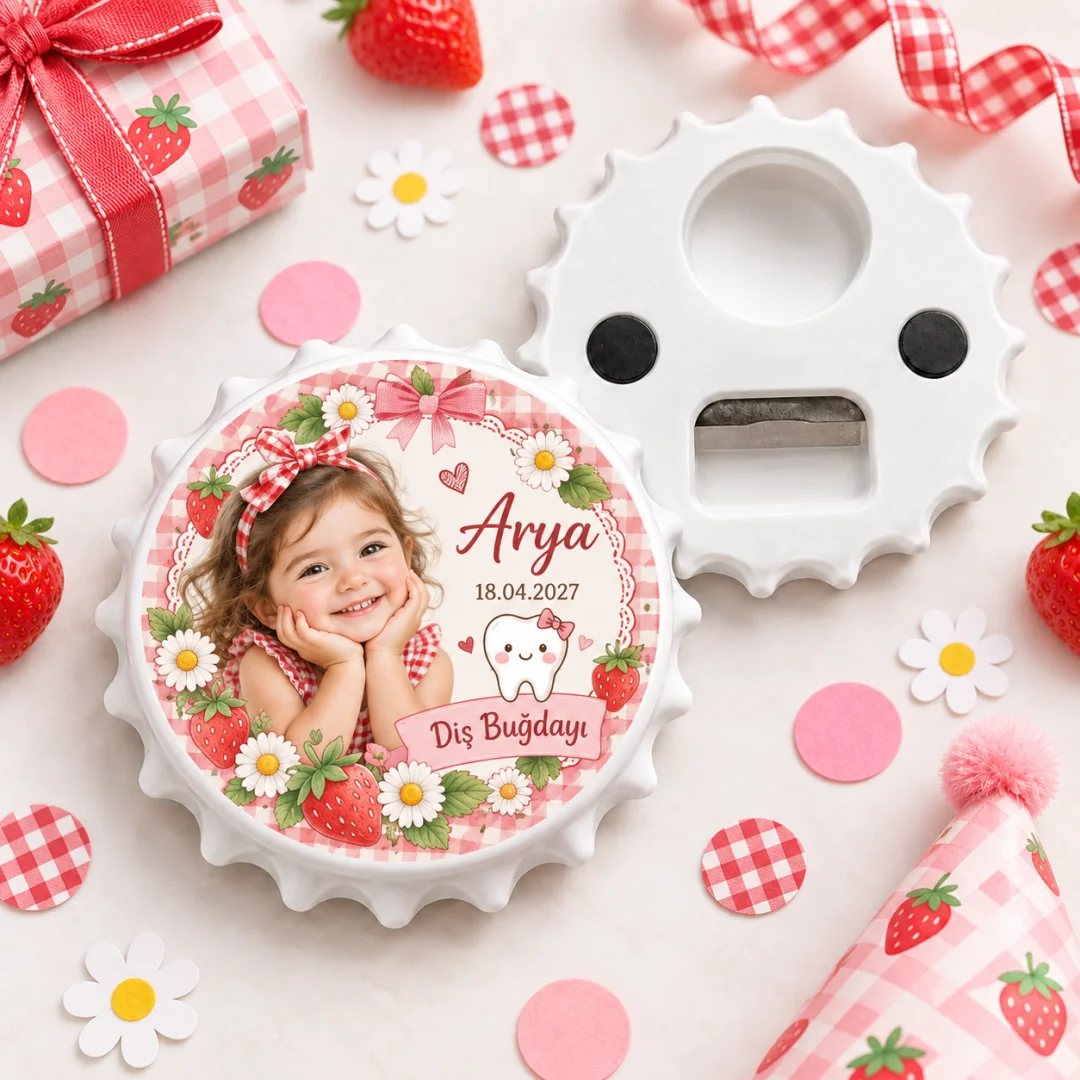 Fotoğraflı Kız Bebek Diş Buğdayı Yuvarlak Açacak Magnet - Çilek Dantel