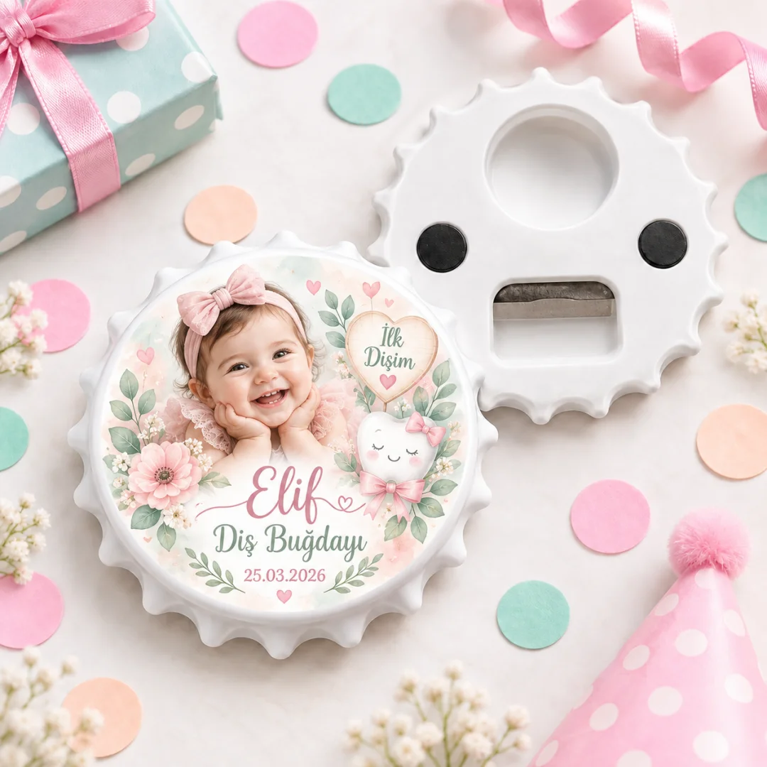 Fotoğraflı Kız Bebek Diş Buğdayı Yuvarlak Açacak Magnet - Pembe Çiçek