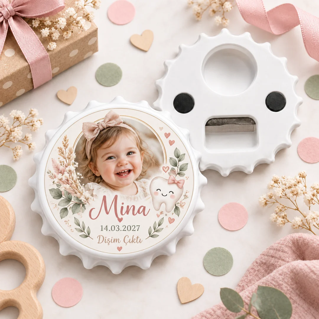 Fotoğraflı Kız Bebek Diş Çıktı Yuvarlak Açacak Magnet - Boho Pembe