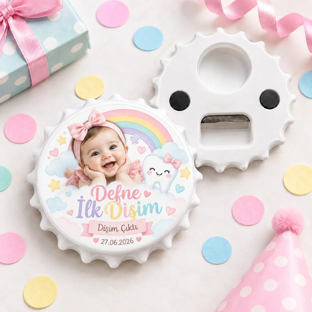 Fotoğraflı Kız Bebek İlk Diş Yuvarlak Açacak Magnet - Gökkuşağı Pastel