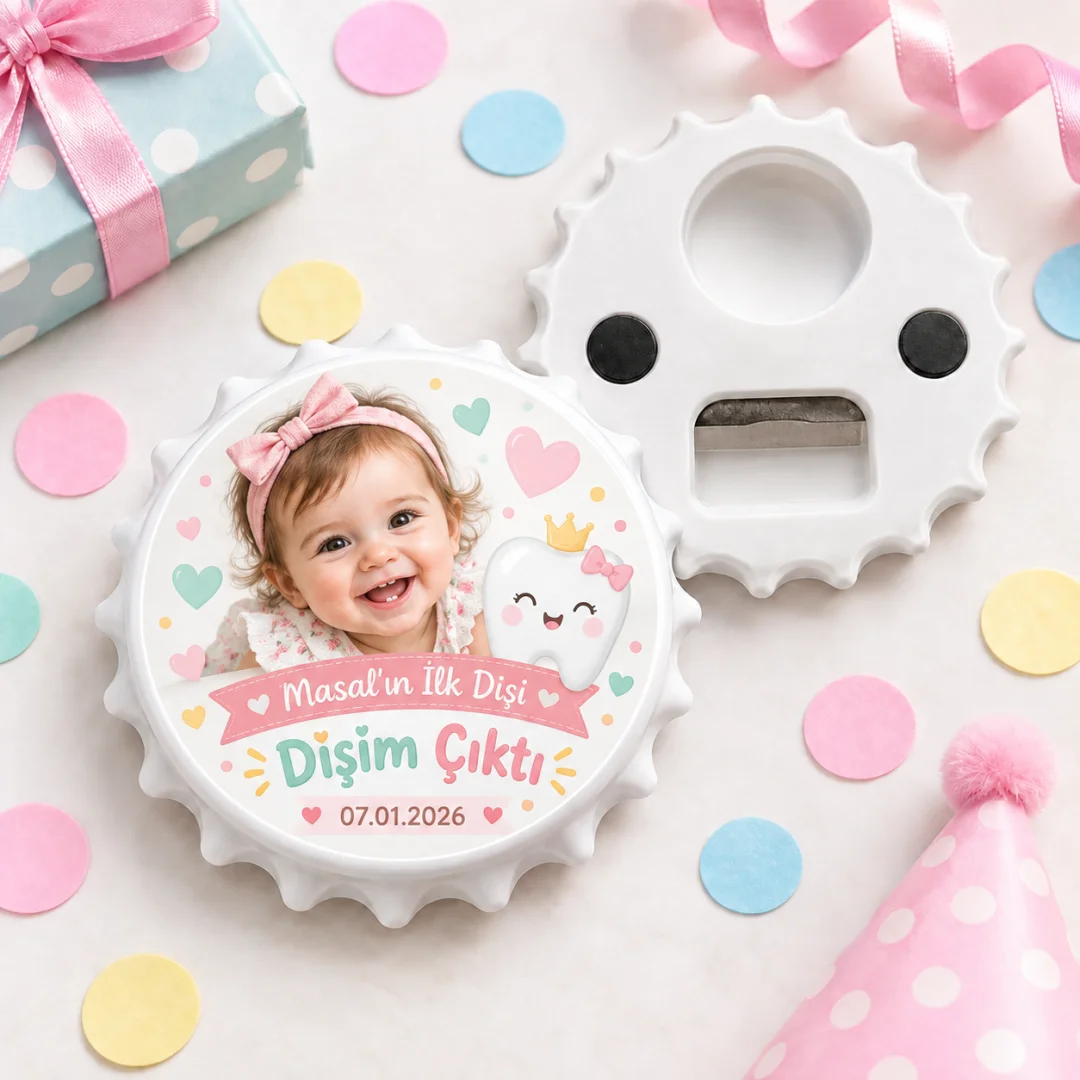 Fotoğraflı Kız Bebek İlk Diş Yuvarlak Açacak Magnet - Renkli Kalp