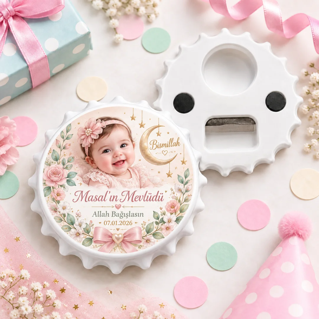 Fotoğraflı Kız Bebek Mevlüt Yuvarlak Açacak Magnet - Klasik Pembe