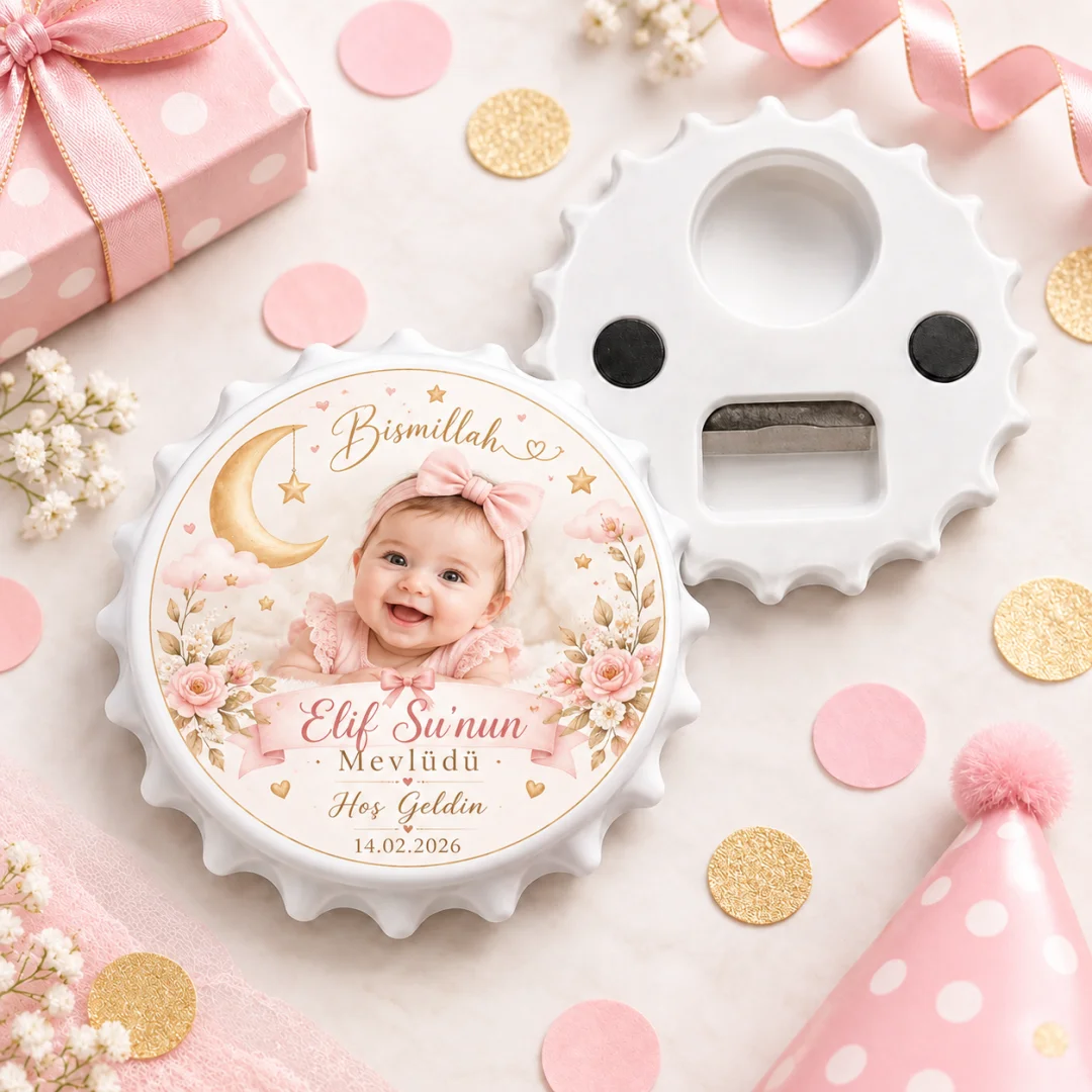 Fotoğraflı Kız Bebek Mevlüt Yuvarlak Açacak Magnet - Pembe