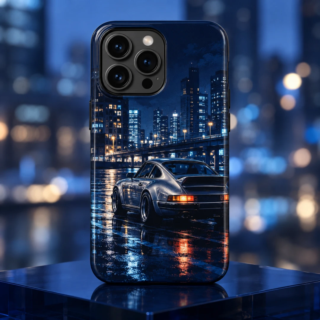 Gece Şehrinde Retro Araba Telefon Kılıfı - Tüm Modeller