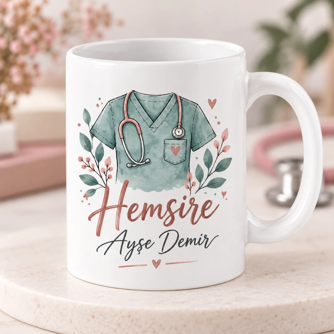 Hemşirelere Özel Hemşire Temalı El ve Kalp Motifli Kupa Bardak