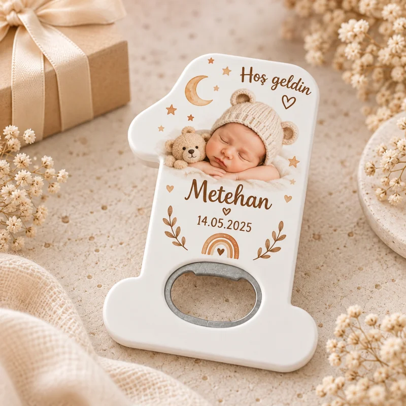 Hoş Geldin Bebek Açacak Magnet – Kişiye Özel Yenidoğan Hediyeliği (Bej Ayicik Gokkusagi)