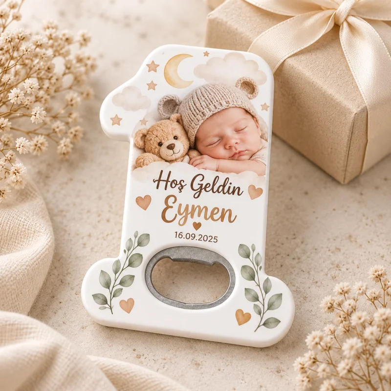 Hoş Geldin Bebek Açacak Magnet – Kişiye Özel Yenidoğan Hediyeliği (Bej Ayicik Hosgeldin)