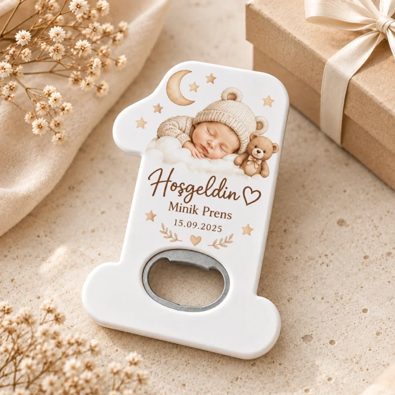 Hoş Geldin Bebek Açacak Magnet – Kişiye Özel Yenidoğan Hediyeliği (Bej Ayicik Minik Prens)