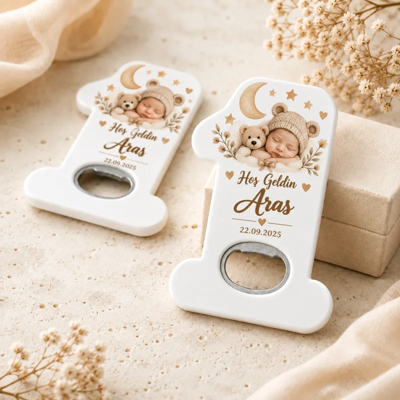 Hoş Geldin Bebek Açacak Magnet – Kişiye Özel Yenidoğan Hediyeliği (Bej Kalpli Hosgeldin)