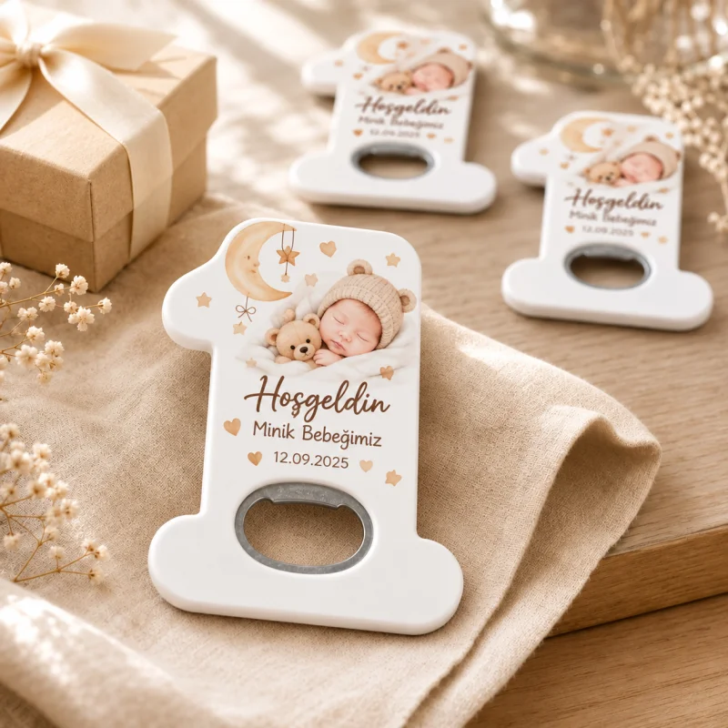 Hoş Geldin Bebek Açacak Magnet – Kişiye Özel Yenidoğan Hediyeliği (Bej Nötr Minik Bebegimiz)